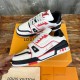 L Trainer Low Top Leather White Red Black Sneakers Pair Display L trainer low top leather white red black sneakers dual pair arrangement