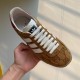 Gucci Gazelle Yellow Canvas Trainer Top-Down View in yellow and white Top-down hand-held shot of the yellow canvas Gucci Gazelle trainer showing inner sole and white laces