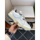 Gucci Trainer Lateral Side and Midsole View in white and grey Hand holding Gucci trainer showing outer side panel and yellowed rubber sole detail in white and grey