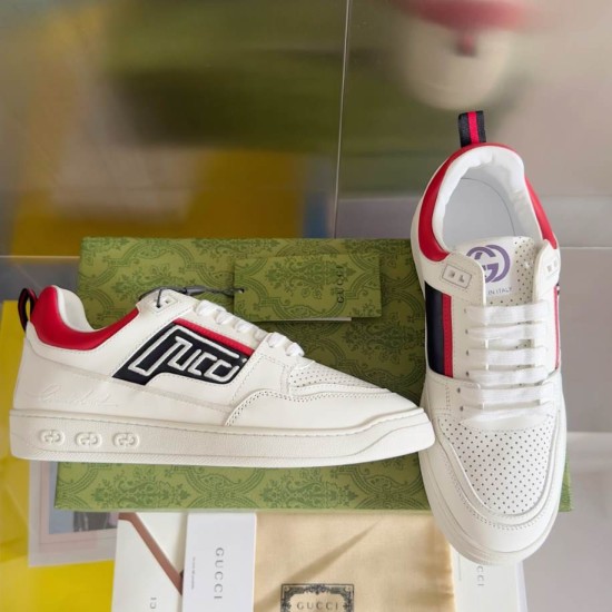 Side profile and top-down arrangement of Gucci White Leather Low-Top Trainers With Red Trim