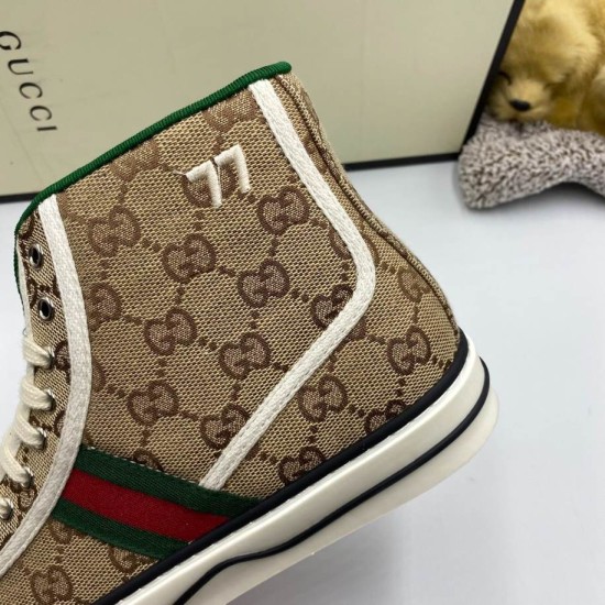 Gucci High Top Tennis 1977 Canvas Trainers Beige Ankle Detail in pink Gucci High Top Tennis 1977 Canvas Trainers Beige close up of monogram and 77 embroidery in pink