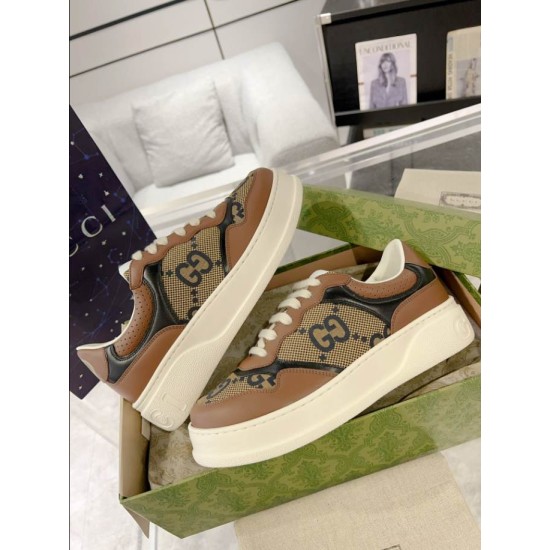 Gucci Brown Monogram Trainers Profile View in brown and green Side profile pair view of Gucci brown monogram trainers displayed together in brown and green