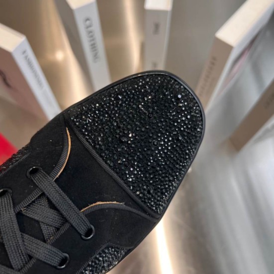 Christian Louboutin Black Crystal Toe Cap Top View Top-down view of black crystal embellishments on the toe cap and suede eyestay