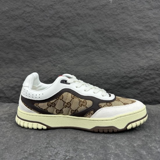 Gucci Re-Web GG Canvas Trainers In Beige Ebony Lateral Profile in beige and white Gucci Re-Web GG Canvas Trainers In Beige Ebony lateral side view showing beige monogram canvas and white leather trim