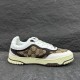 Gucci Re-Web GG Canvas Trainers In Beige Ebony Lateral Profile in beige and white Gucci Re-Web GG Canvas Trainers In Beige Ebony lateral side view showing beige monogram canvas and white leather trim