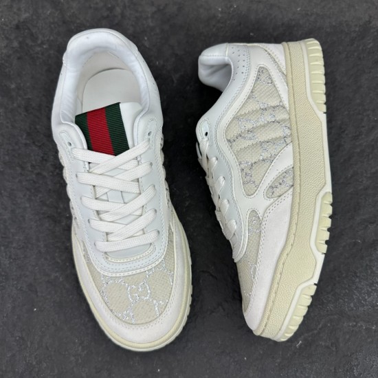 Gucci Monogram Canvas And Leather Low Top Trainers White top and side angle