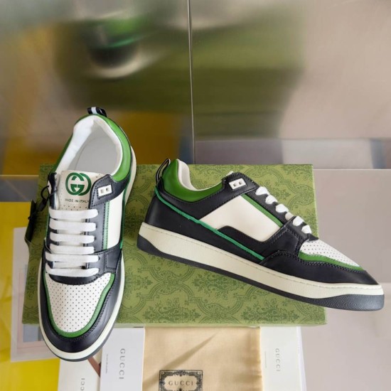 Gucci Screener Leather Trainers Green Black White medial and lateral sides display