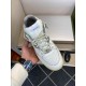 Gucci White Trainer Handheld Front Angle in white and grey Hand holding Gucci white leather trainer highlighting vamp perforations and grey accents