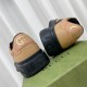 Gucci Monogram Leather Chunky Sole Trainers Black Brown Heel View Rear view of Gucci Monogram Leather Chunky Sole Trainers showing tan heel counters with gold motif in black and brown