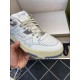 Gucci White Leather Trainer Perforated Toe Detail in white and grey Close-up front view of Gucci white leather trainer showing perforated toe box and lace charm in white and grey