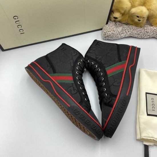 Gucci Off The Grid High Top Trainers Pair View in black and red Pair of black Gucci high top trainers laid out showcasing side panels and red piping