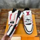 L Trainer Low Top Leather White Red Black Sneakers Angled Top View L trainer low top leather white red black sneakers angled top view