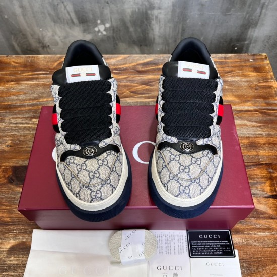 Gucci Screener Web Trainers Top-Down View in beige and blue Top-down front pair view of Gucci Screener Web Monogram Canvas Trainers in beige blue