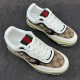 Gucci Re-Web GG Canvas Trainers Pair Overhead in beige and white Pair of Gucci Re-Web GG Canvas Trainers In Beige Ebony viewed from above on dark stone background in beige and white