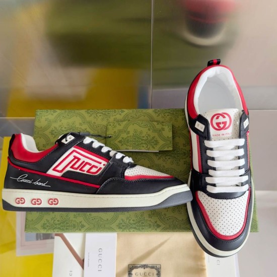 Gucci Low Top Trainers Side Profile in multicolour and black Side view displaying script detail and graphic patch on upper in multicolour and black