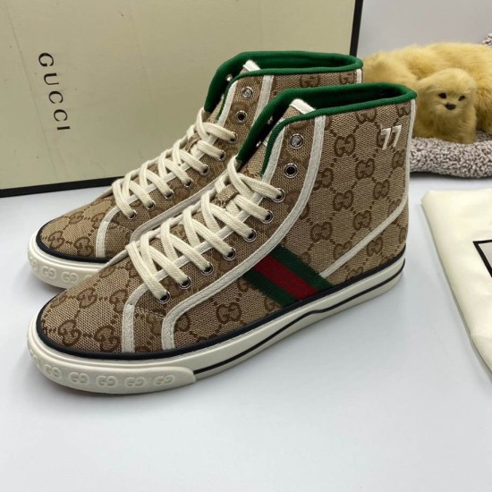 Gucci High Top Tennis 1977 Canvas Trainers Beige Angled View in pink Gucci High Top Tennis 1977 Canvas Trainers Beige angled profile view in pink