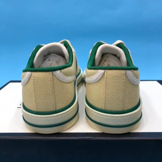 Gucci Off The Grid Canvas Low Top Trainers Beige Heel View in beige and green Rear view of Gucci Off The Grid Canvas Low Top Trainers Beige showing heel seams in beige and green