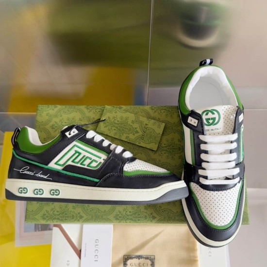Gucci Screener Leather Trainers Green Black White top and side display