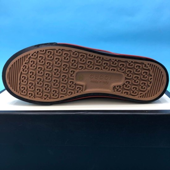Gucci Off The Grid Black Low Top Trainers Sole View in black and red Underside view of black Gucci trainer outsole showing monogram tread pattern in black and red