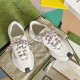 Gucci Run Leather Trainers In White Aerial View in white and red Gucci Run Leather Trainers In White pair viewed from above with pattern laces spread open in white and red