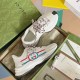 Gucci Run Leather Trainers In White Angle View in white and red Gucci Run Leather Trainers In White inside box showing front paneling and side graphic details in white and red