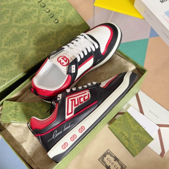 Gucci Low Top Trainers Angled View in multicolour and black Angled view highlighting the side graphic patch and midsole logos in multicolour and black
