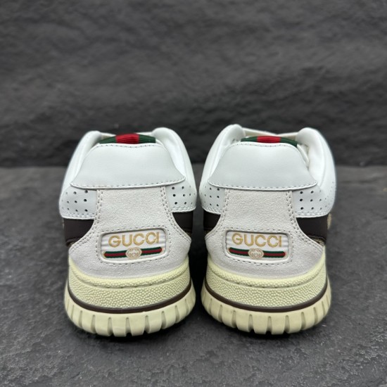 Gucci Re-Web GG Canvas Trainers Heel View in beige and white Rear heel view of Gucci Re-Web GG Canvas Trainers showing gold-tone logo badge and white leather counter in beige and white