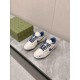 Gucci Low Top Leather Trainers In White And Blue Angle View High angle perspective of Gucci Low Top Leather Trainers In White And Blue beside box