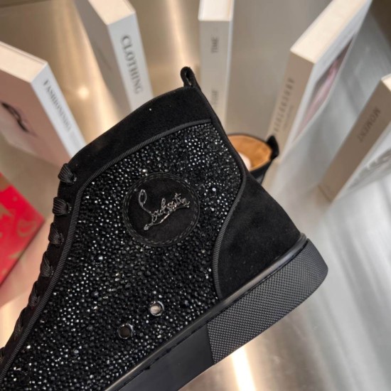 Christian Louboutin Ankle Patch and Crystal Detail in black Close-up view of ankle panel featuring round logo patch and crystal embellishment in black