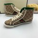 Gucci High Top Tennis 1977 Canvas Trainers Beige Side View in pink Gucci High Top Tennis 1977 Canvas Trainers Beige side profile view in pink