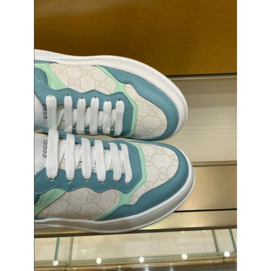 Gucci Monogram Trainers Lacing and Toe Detail in blue and white Top-down view of white laces and monogram canvas toe panel on Gucci blue trainers