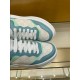 Gucci Monogram Trainers Lacing and Toe Detail in blue and white Top-down view of white laces and monogram canvas toe panel on Gucci blue trainers