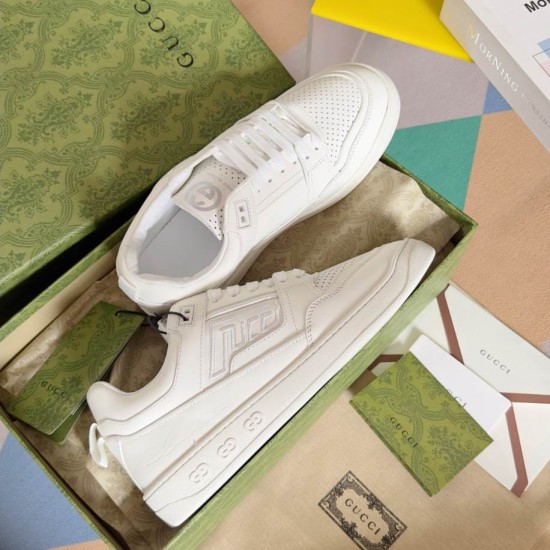Gucci Leather Trainers Pair View in white and gold Pair of Gucci white leather trainers displayed in open box in white and gold