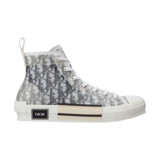 Full side profile studio shot of Dior B23 high-top white trainer