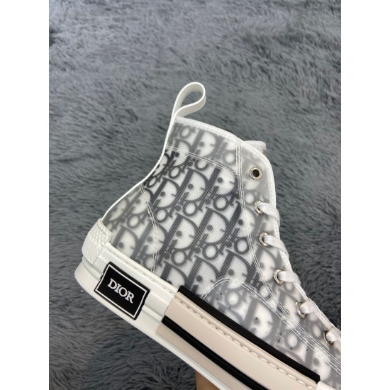Close-up of translucent high-top upper and side brand patch on Dior B23 trainer in white