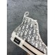 Close-up of translucent high-top upper and side brand patch on Dior B23 trainer in white