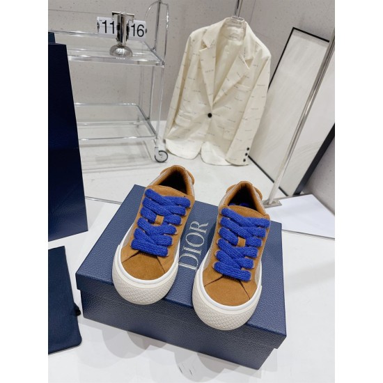 Dior B33 Trainers Front View with Blue Laces in brown and cream Front elevated view of Dior B33 brown oblique trainers showing royal blue laces in brown and cream