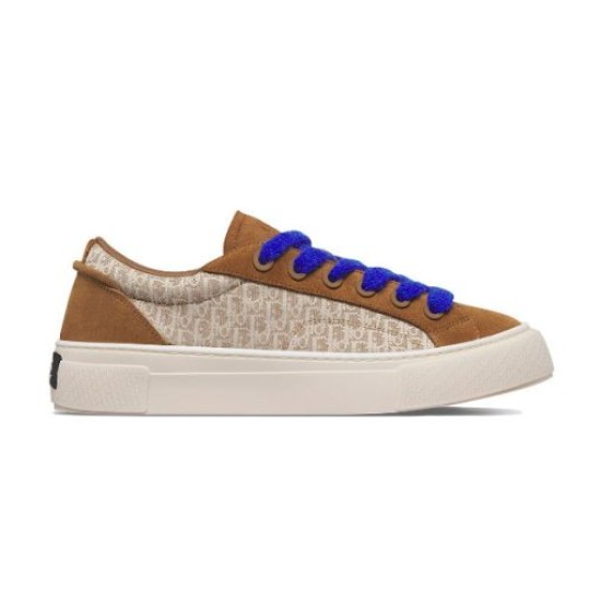 Dior B33 Brown Cream Oblique Trainer Lateral View Full lateral view of Dior B33 brown cream oblique jacquard trainer on white background