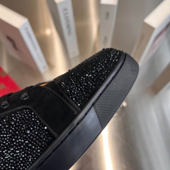 Christian Louboutin Black Crystal Toe Cap Detail Close-up view of crystal embellished toe cap and black rubber sole