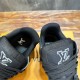 Top-down view of black padded collars and branded tongues on L Trainer Damier Denim Black Low Top Sneakers in black and grey