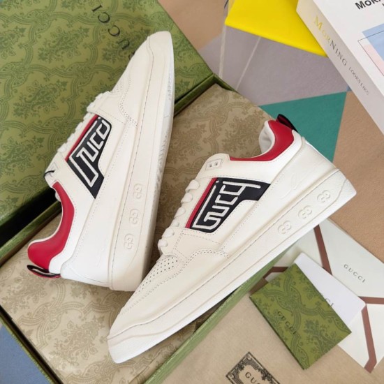 Pair of Gucci White Leather Low-Top Trainers With Red Trim in original box