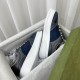 Side angle shot of both Gucci chunky grey and blue trainers placed inside the shoe box