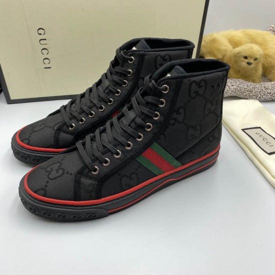 Gucci Off The Grid Black High Top Trainers Front View in black and red Front facing view of Gucci black high top canvas trainers showing black laces and red trim