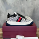 Gucci Screener Web Trainers Beige Blue Side View Gucci Screener Web Monogram Canvas Low Top Trainers in beige and blue side view on box