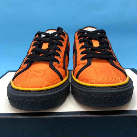 Gucci Off The Grid Orange Low Top Pair Front View Front view pair of Gucci Off The Grid Orange Canvas Low Top Trainers