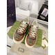 Gucci Brown Monogram Trainers Top-Down View in brown and green Top-down view of Gucci brown monogram low-top trainers showing toe cap and laces in brown and green