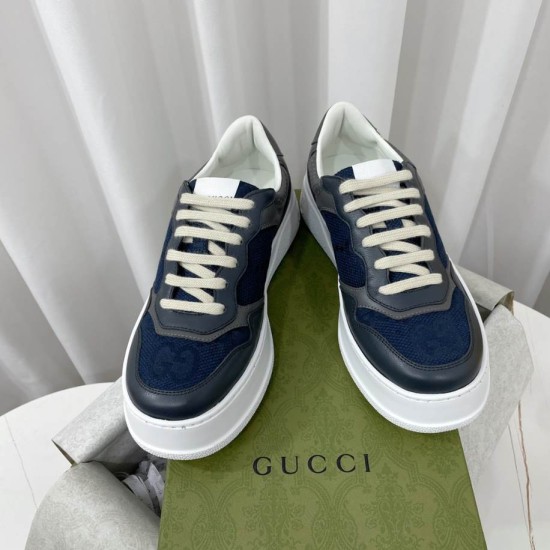Top front view of both Gucci grey blue trainers showcasing the off-white laces and blue mesh toe boxes