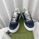 Top front view of both Gucci grey blue trainers showcasing the off-white laces and blue mesh toe boxes