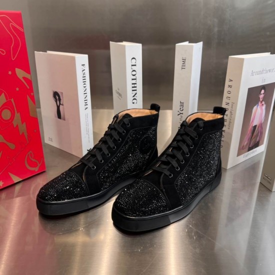 Christian Louboutin Black Crystal High Top Trainers Three-Quarter Angle Three-quarter angled view of black crystal high-top trainers