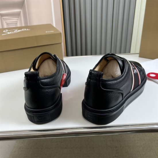 Rear view of Christian Louboutin Adolescenza black leather trainers showing heel panels and soles in black and red